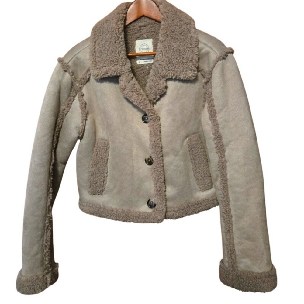 Stoosh Womens Tan Faux Suede Shearling Cropped Aviator Jacket Size Large Neutral